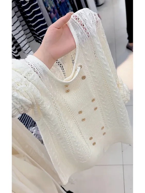 早秋新款独特漂亮软糯慵懒上衣高级感超好看米白色针织镂空T恤女