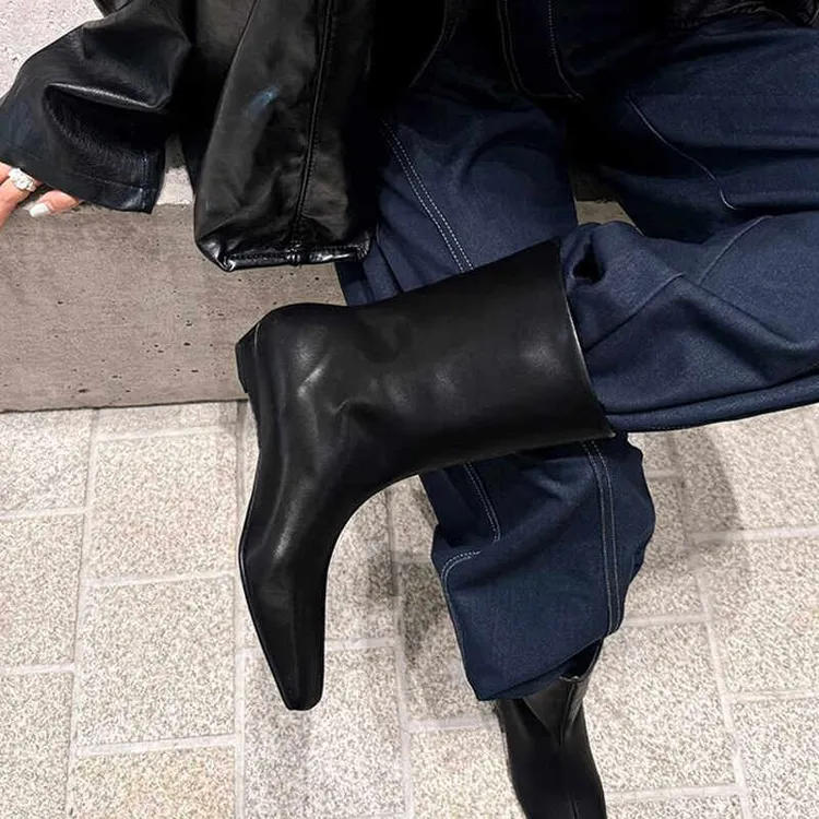 羊皮版~秋冬新款复古坡跟中筒宽松套筒骑士靴烟筒软皮百搭短靴女