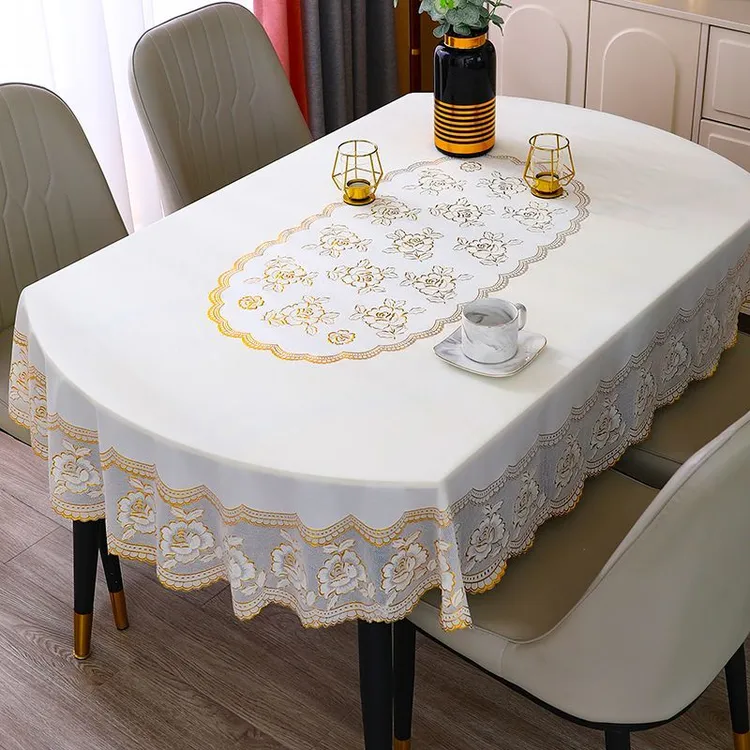 长椭圆桌布免洗防水防油烫金椭圆形餐桌布蕾丝PVC折叠家用台布