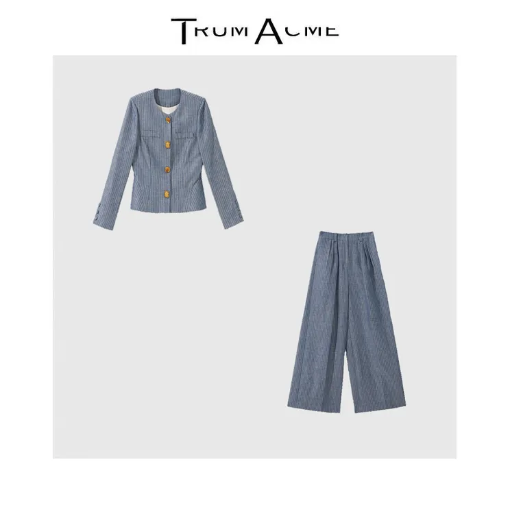 TrumAcme~2025秋季老钱风长袖短外套上衣条纹小西装女+裤子套装女