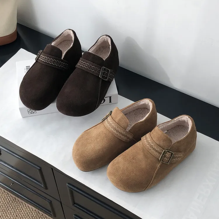 女款复古内增高勃肯鞋2025冬季款磨砂牛皮厚底单鞋懒人加绒乐福鞋