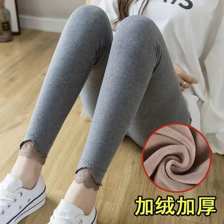 女士新款秋冬加绒保暖蕾丝花边时尚大码打底裤