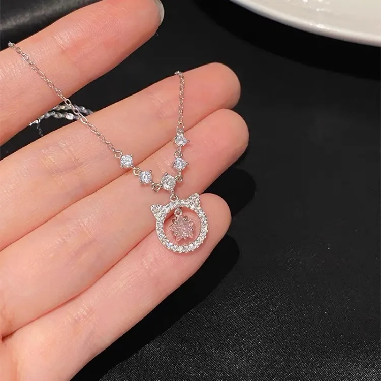 坠链均925银莫桑石 猫咪银925项链轻奢小众甜美五角星锁骨链送友