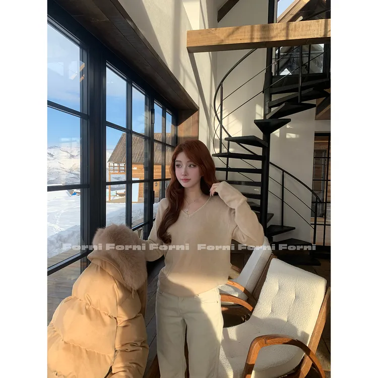 FORNI 乳酪毛衣 敲蓬松羊驼毛羊毛天丝绑带宽松针织毛衣