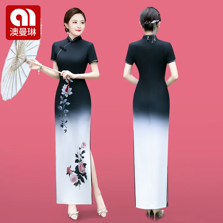 黑色改良旗袍2025夏季新款走秀高端大气舞台礼仪演出服渐变连衣裙