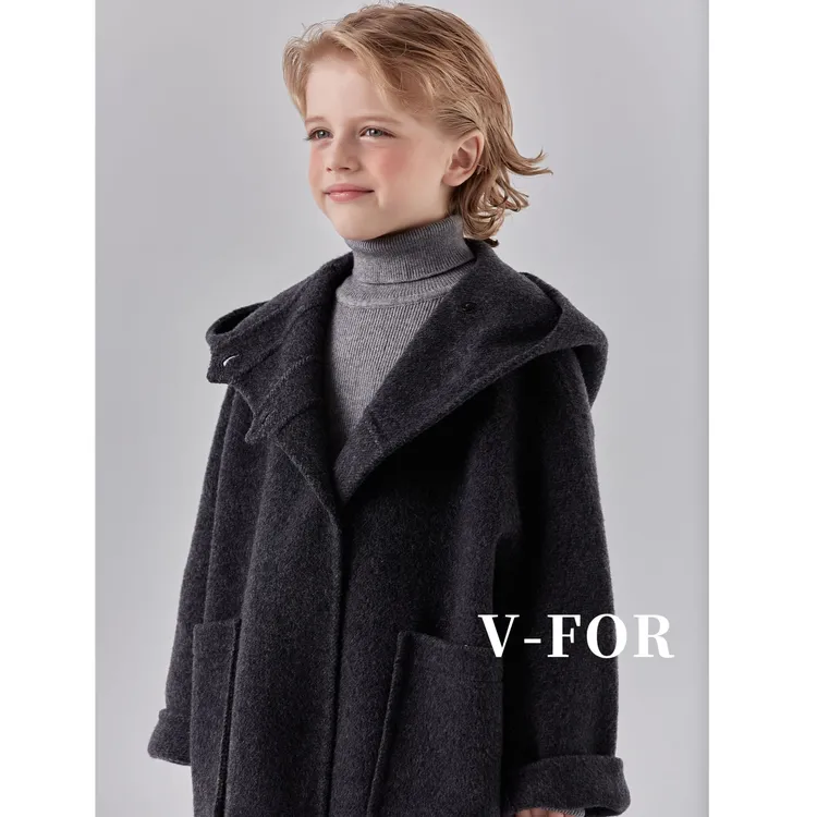 V-for绵羊毛休闲呢大衣冬季暗扣女双面呢中长款纯色英伦风男亲子