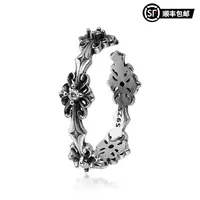 WIC 925银莫桑石戒指 竹节鸢尾花做旧风通体银开口戒指