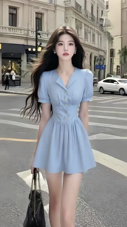 轻奢时尚高端气质蓝色V领短袖收腰连衣裙女优雅温婉设计感短裙