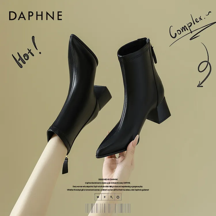 达芙妮网红爆款高跟短靴女2025秋冬鞋子法式瘦瘦靴百搭单靴马丁靴