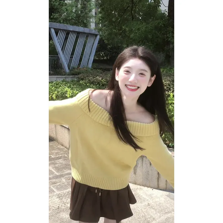 MARIE.COCO韩系减龄穿搭黄色露肩软糯毛针织衫秋季新款百褶半身裙