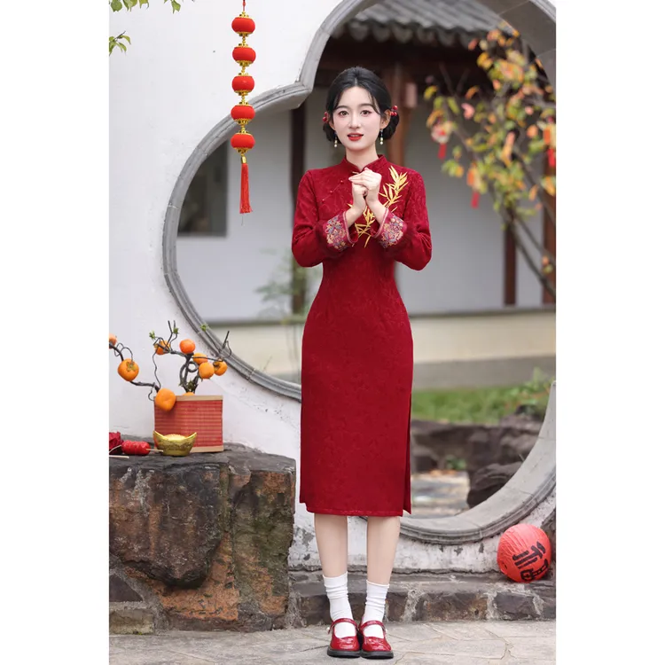 冬季加厚中长款中国风新娘婚礼红色旗袍小个子中式回门礼服-琼钩