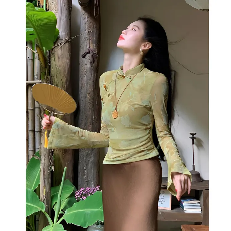 凌茜恣禾【青竹雨林】新中式印花喇叭袖上衣缎面高腰鱼尾裙长裙套装