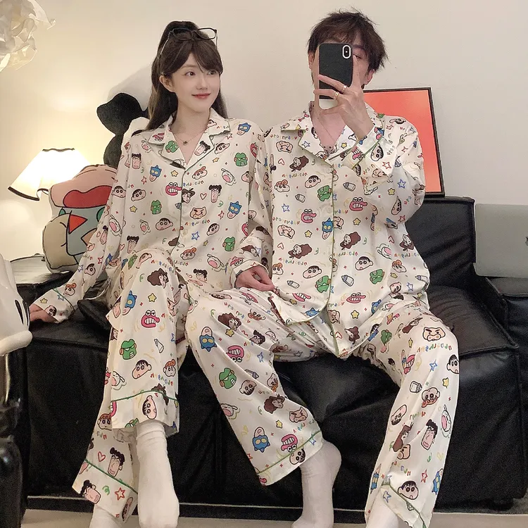 蜡笔小新春秋季冰丝情侣睡衣套装薄款长袖长裤开衫大码网红家居服