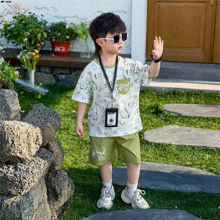 男童套装夏季2025新款儿童卡通印花短袖T恤短裤两件套男宝宝夏装