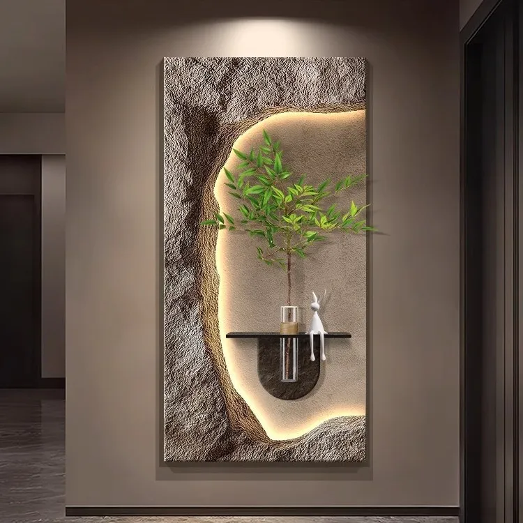轻奢高级感入户玄关装饰画2025新款水培绿植挂画立体砂岩走廊壁画