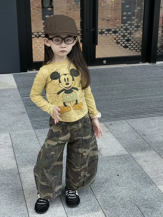 女童秋装卡通长袖T恤迷彩裤子套装女宝洋气打底衫弯刀裤两件童装