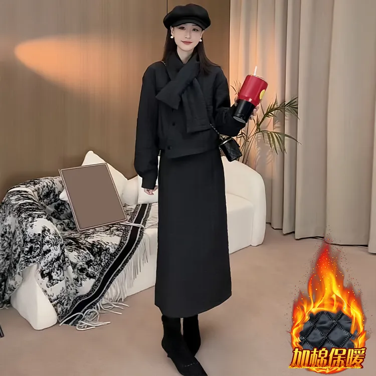 设计感小众休闲套装女2025冬季新款夹棉加厚外套半身裙围巾三件套