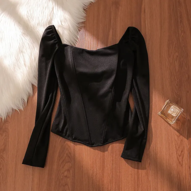 纯色贴身复古感修身休闲风露锁骨显瘦T恤早秋女士长袖上衣黑色