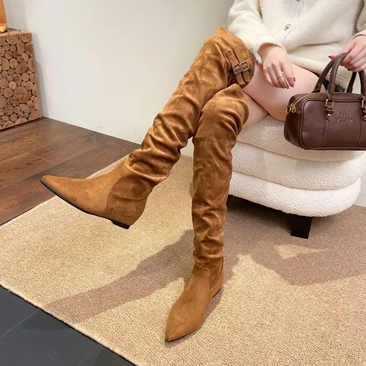 【3公分】秋冬新款内增高套筒尖头绒面过膝靴平底长筒靴绒面堆堆靴