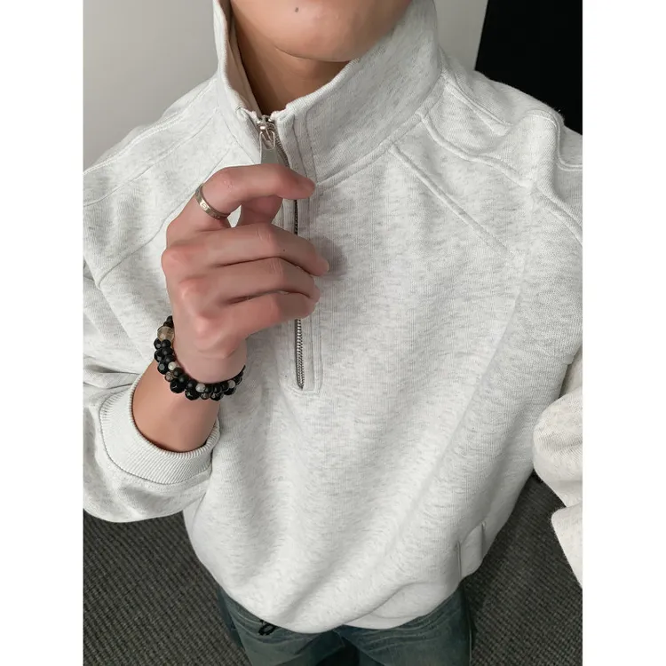 半拉链重磅纯棉卫衣男春秋款宽松复古立领上衣美式无帽青少年外套