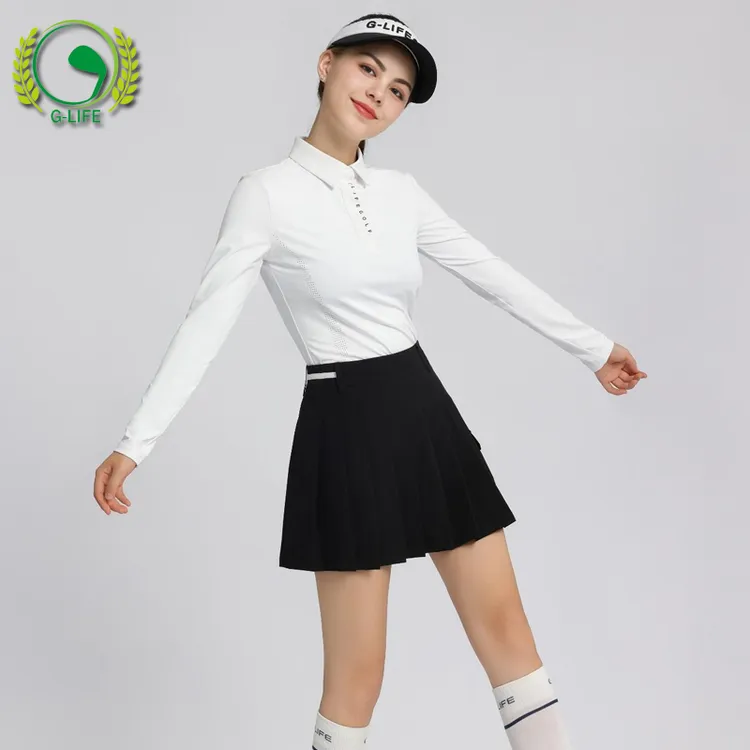 GL高尔夫服装女新款白色长袖速干上衣黑色百褶短裙子女服装球服