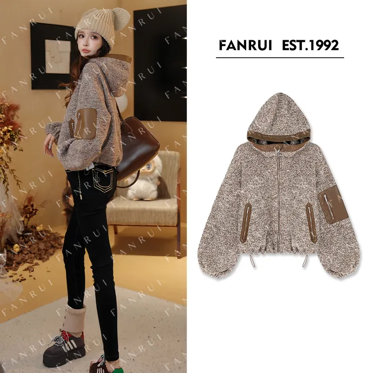 抖音双11泛芮「贝贝biuu」羊毛拼皮颗粒纱原创显瘦设计感外套B18747