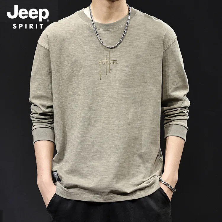 JEEPSPIRIT高端竹节棉简约刺绣长袖T恤男秋宽松日系复古潮流上衣