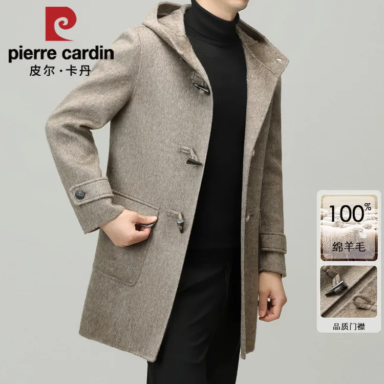 皮尔卡丹秋冬季新款牛角扣羊毛大衣男高端轻奢中长版双面毛呢外套