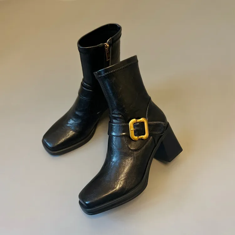 羊皮版静音底方头高跟短靴女轻奢粗跟瘦瘦靴软面百搭显瘦靴子新款