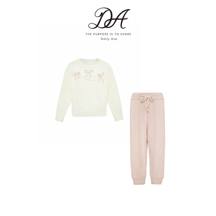 Dolly Ave 「少女系列」 甜美蝴蝶结半边绒高弹保暖女童家居服套装