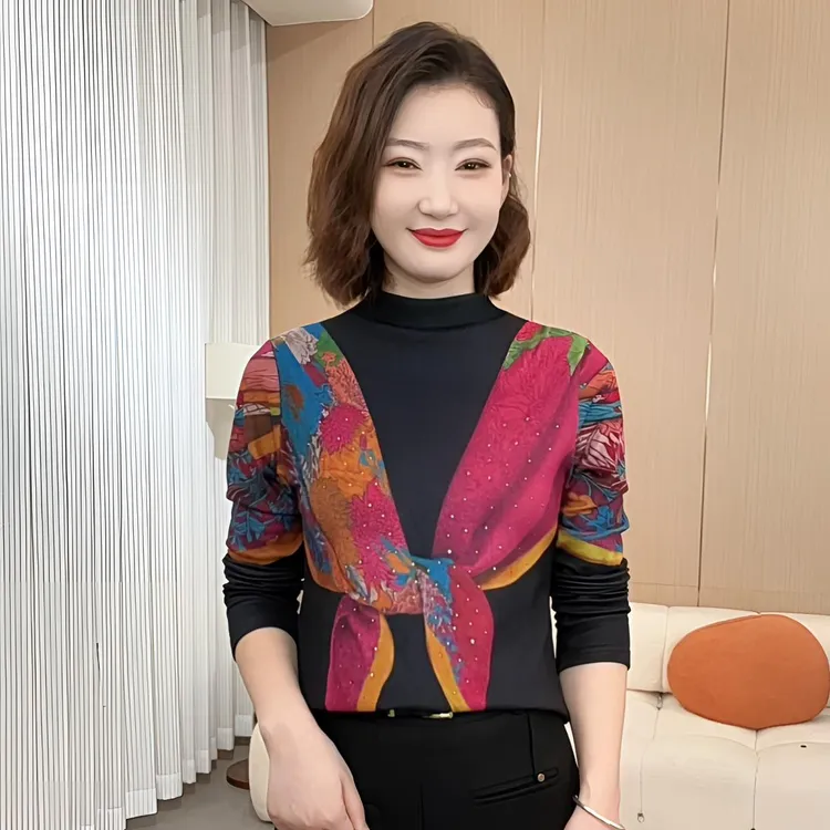 2025年秋冬新款百搭拼色半高领印花常规长袖修身女士打底衫P6615