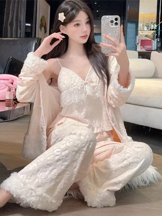 【乔娜家福利】宫廷风豹纹衬衫领女睡衣带胸垫加绒睡衣套装冬季保暖