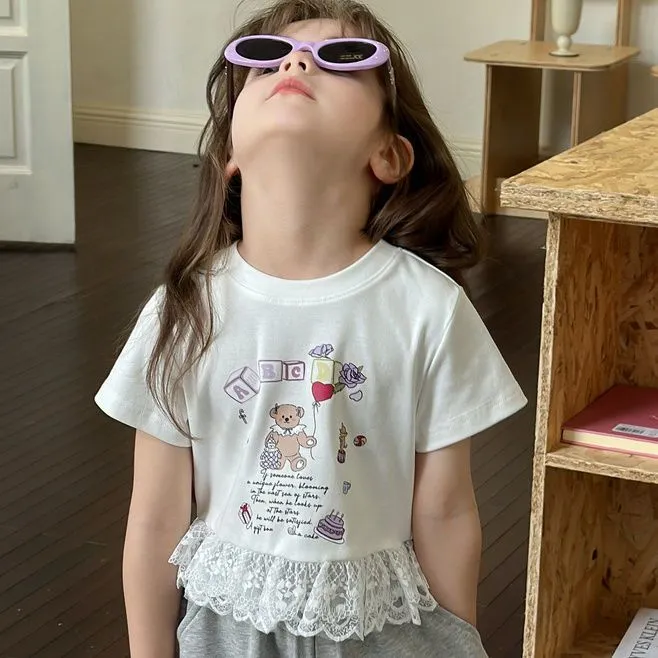 2025夏季新款短袖圆领女童吸汗夏季T恤韩版休闲风蕾丝花边上衣