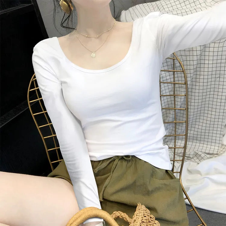 白色低领打底衫女内搭春秋冬2025新款棉质紧身长袖t恤u领修身上衣