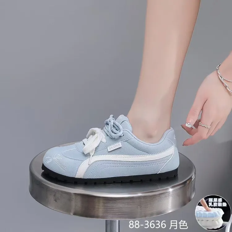 2025秋季系带圆头拼接平底时尚休闲鞋彩色时尚低帮阿甘鞋