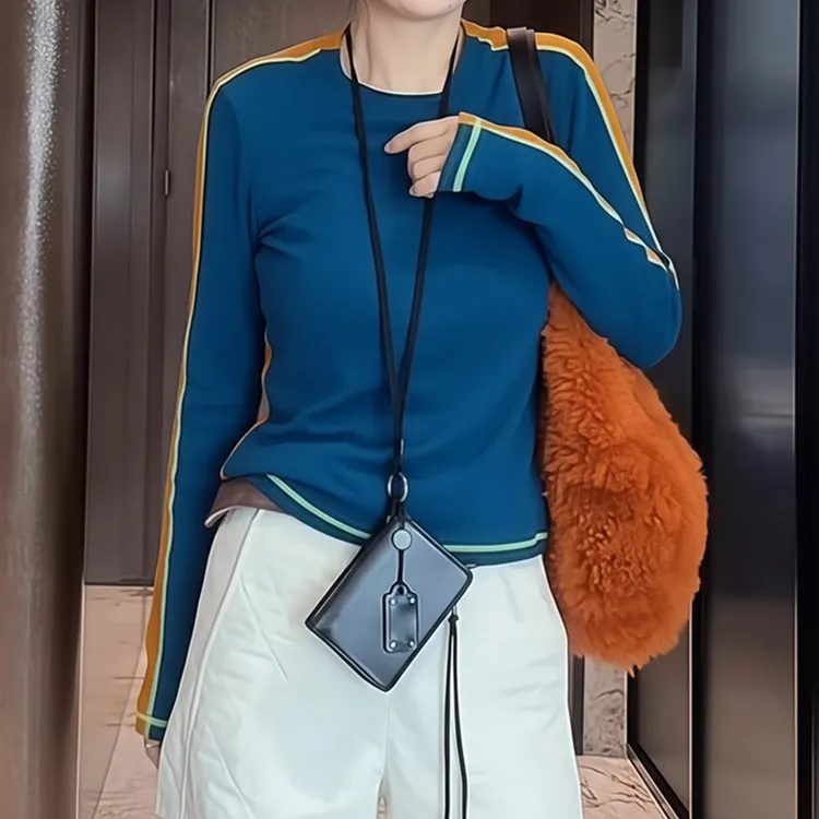 7116秋冬洋气百搭减龄气质T恤时尚精致显瘦长袖纯色圆领上衣