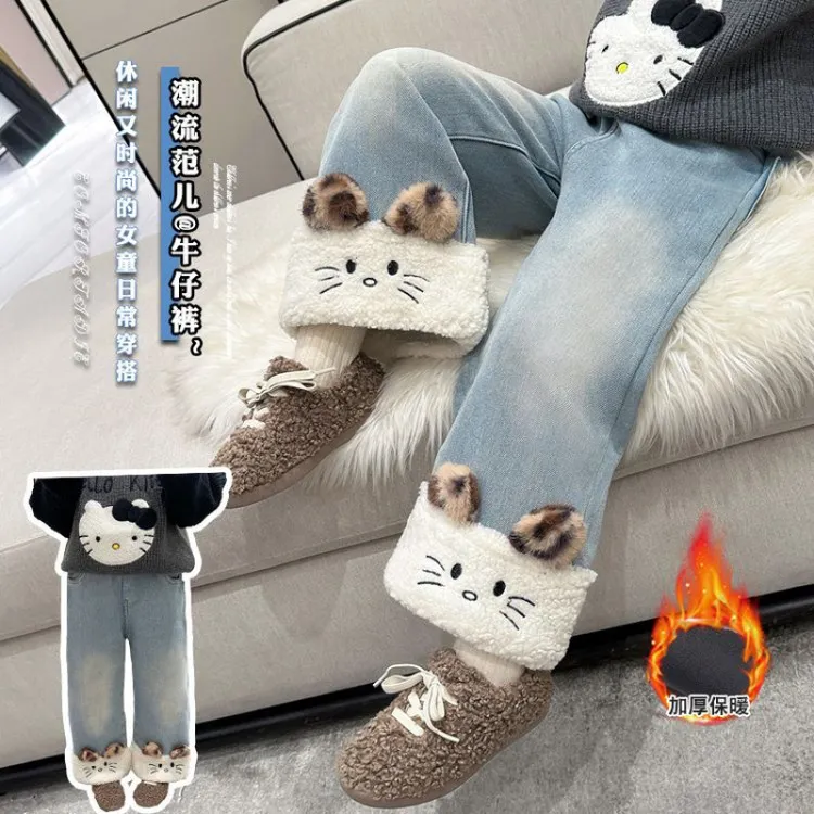 退货运补女童加绒厚裤秋冬款儿童直筒牛仔裤可爱猫咪一体绒阔腿裤