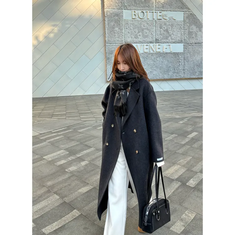 圣逸2025秋冬新款双面呢羊毛中长款四粒扣韩版宽松手工缝制大衣1