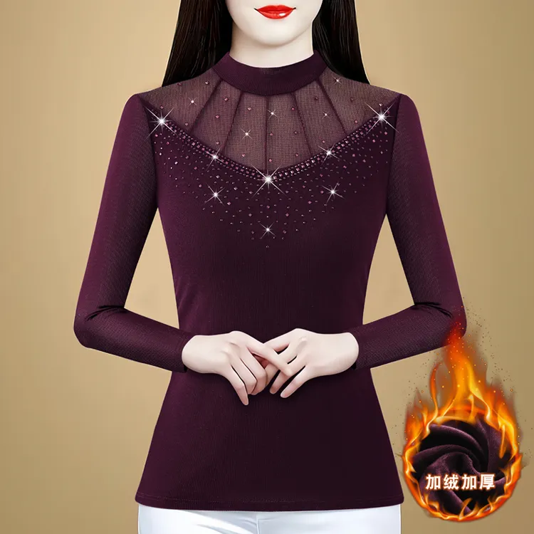 网纱烫钻长袖打底衫女秋冬气质弹力时尚减龄上衣百搭洋气小衫27