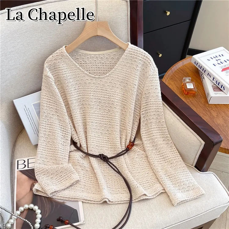 拉夏贝尔秋季新款圆领镂空收腰长袖针织衫百搭设计感宽松显瘦上衣