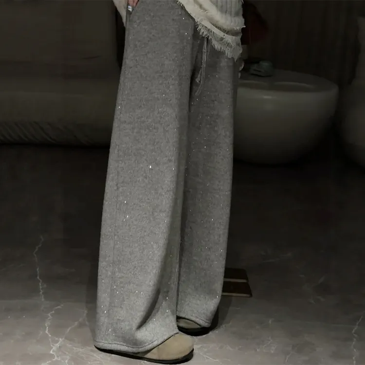 冬季加绒灰色闪钻毛呢阔腿裤子女大码独特设计感超好看直筒休闲裤