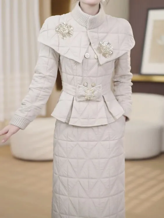 高档五防免洗蓄热棉夹棉加厚保暖上衣+连衣裙套装秋冬新款两件套