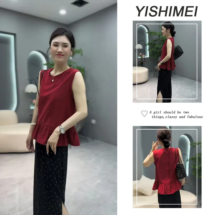 夏装搭配2025新款爆款洋气荷叶边设计无袖上衣波点开叉半身裙套装