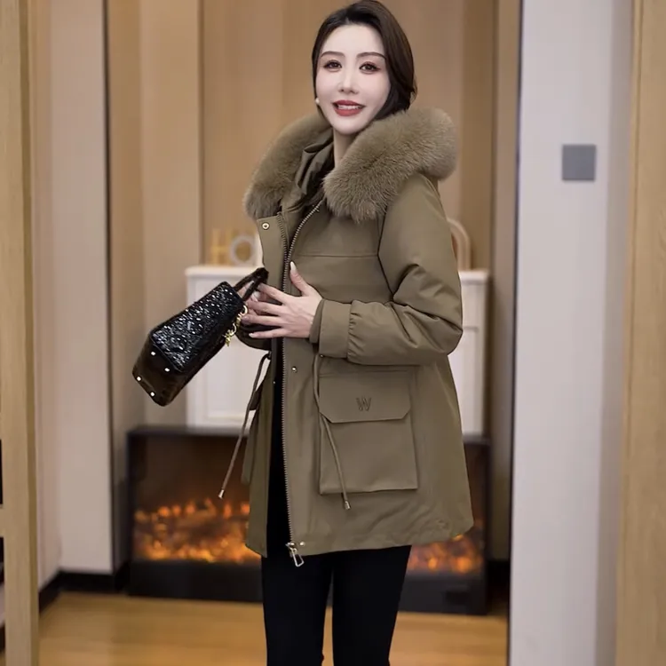 25冬季新款大毛领全脱内胆加绒保暖收腰中长款可拆卸派克服外套