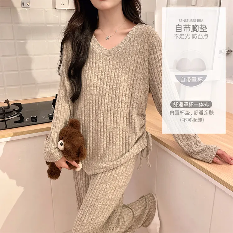 2025新款春秋季复古条纹睡衣女款长袖可外穿休闲可外穿家居服套装