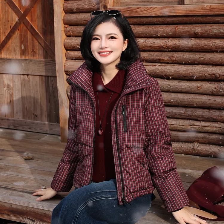 枫竺阿楠anan90白鸭绒立领格子羽绒服女冬季显高显瘦保暖短外套