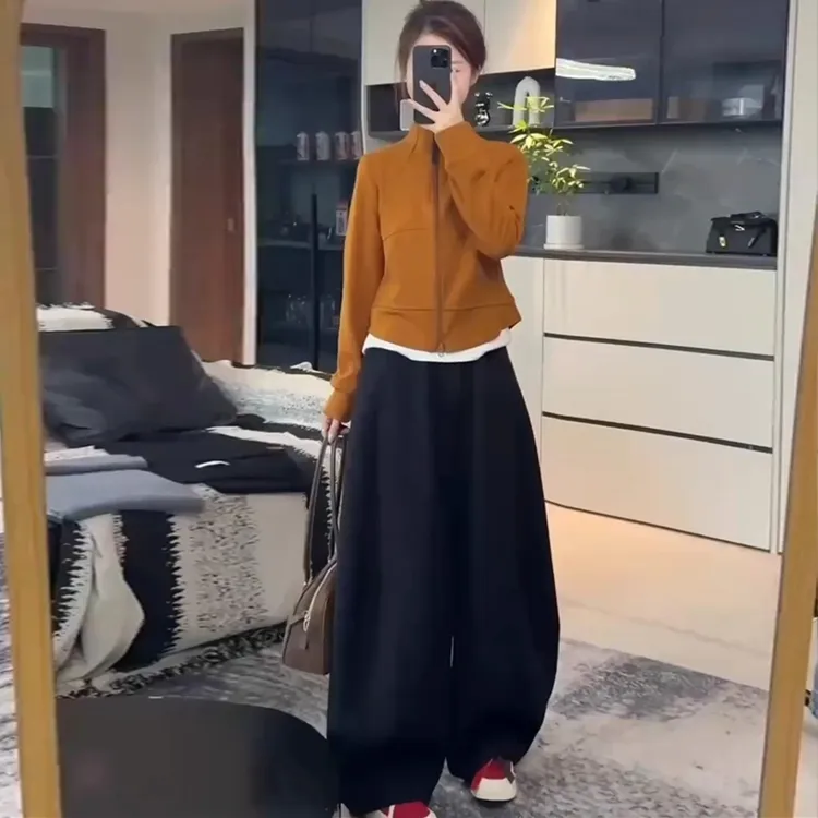 时尚套装女2025秋季新款修身显瘦短款立领卫衣休闲阔腿裤两件套潮