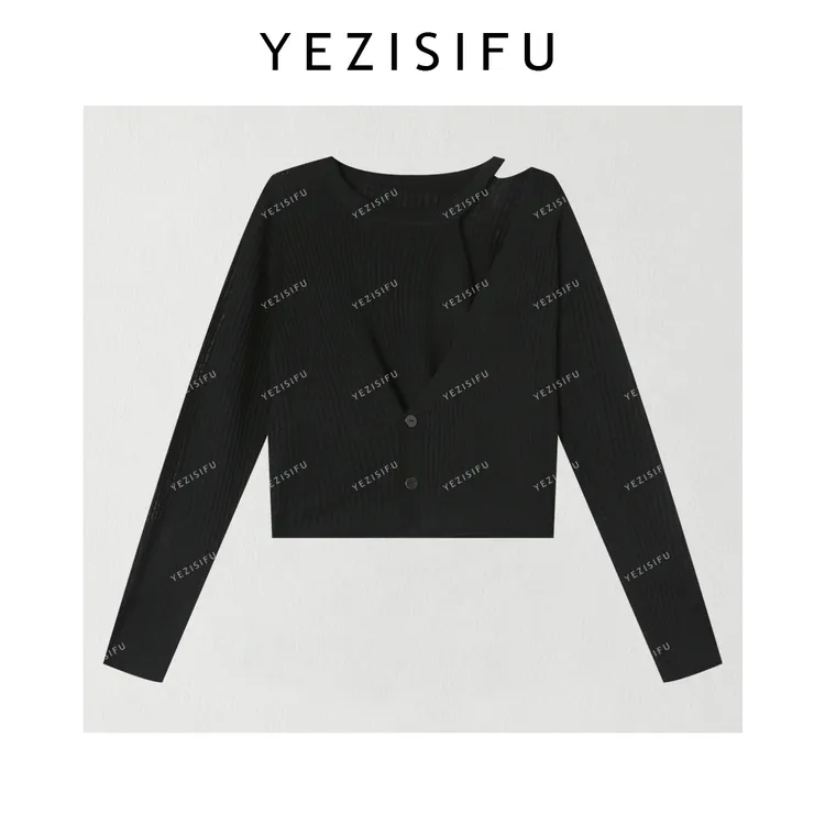 欧尼私服 2025早秋新款露肩斜襟系扣不规则针织衫上衣2508C4768