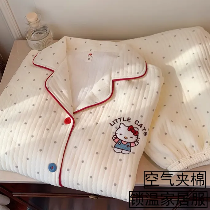 【卡通猫加厚夹层】长袖睡衣女保暖空气棉夹层可爱KT猫秋冬季家居服