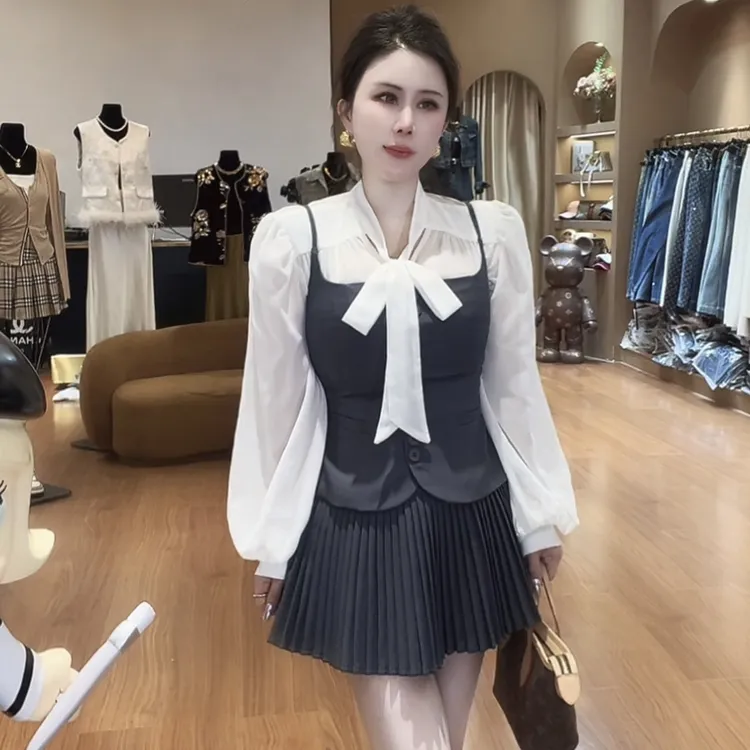 订制系带衬衫➕吊带➕百褶裙三件套西装面料套装(8-25039)